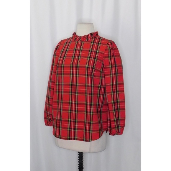 J. CREW Red Tartan Plaid Ruffle Top Blouse Holidays Festive Preppy X-Small - Picture 5 of 11